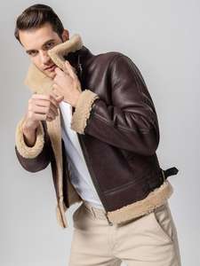 Chaqueta de Cuero para Hombre, Estilo Casual, con Forro de Piel Sherpa, Tipo Bomber B3, Aviador, Cálida, con Relleno, Estilo Biker, Venta al Por Mayor - Product Image 2
