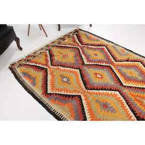 Alfombra Turca Vintage de Lana 4.9x7.5 pies (150x229 cm) con Diseño de Parches Naranjas y Base de Látex - Product Image 1