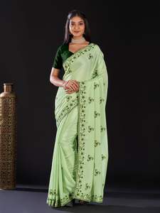 ส่าหรีผ้าชินอนนุ่มและเงางามพร้อมด้ายสวยงามและงานปักแบบ Zari - Product Image 4