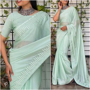 Hermoso Color oscuro Rangoli Seda Saree Efecto espejo Trabajo Fiesta DE BODA Ropa informal festiva-Mayorista étnico de moda India - Product Image 4