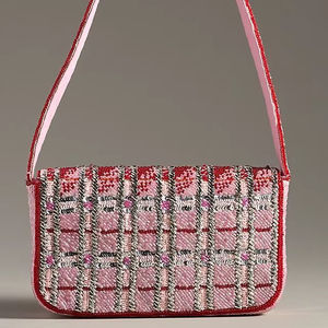 Bolso de Mano de Lujo Hecho a Mano con Cuentas Rosas, Bolso de Noche Vintage con Lentejuelas a Cuadros, Elegante Bolso Pequeño de Hombro para Fiestas y Bodas - Product Image 1