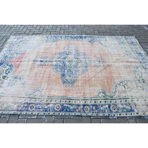 Alfombra Vintage de 6x8.9 pies, Alfombra Turca Grande, Alfombra de Lana a Cuadros Azul y Roja - Product Image 3