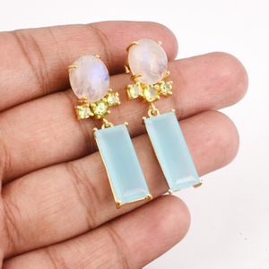 Boucle d'oreille longue Dangler Boucle d'oreille Aqua en argent sterling 925, boucle d'oreille en pierre de lune, fourniture de bijoux en gros - Product Image 1