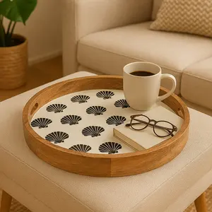 Bandeja de servicio de madera de tendencia superior con diseño de concha marina Bandeja decorativa redonda y rectangular impresa para mesa de centro de cocina - Product Image 3