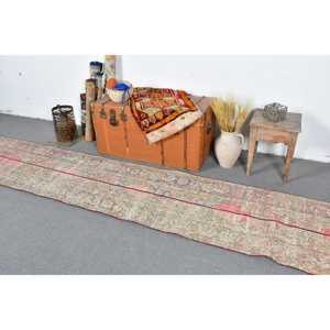 พรมขนาด 2.3x12.8 ฟุต, พรมวินเทจ, พรมลายพรางสีแดงตุรกีทำจากขนสัตว์ - Product Image 3