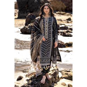 Conjunto de traje de mujer de 3 piezas sin coser con bordado Zari y estampado de laca dorada en tela Lawn, con CL-52407 - Product Image 2