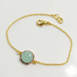 Aqua Chalcedony พลอย10มิลลิเมตรทอง Vermeil 925เงินสเตอร์ลิงโซ่พลอยสร้อยข้อมือชุบทอง925สร้อยข้อมือเงิน