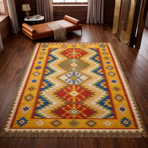 Alfombra Kilim Dhurrie Tejida a Mano, Alfombra Tradicional de Tejido Plano con Diseño Geométrico - Product Image 2