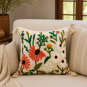Cojín Decorativo Bordado a Mano con Flores de Algodón, Cojín Boho con Borlas para Decoración del Hogar - Product Image 4