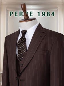 Costume d'affaires marron à fines rayures pour homme, croisé, col mandarin, en mélange viscose et polyester, infroissable, grandes tailles, avec gilet - Product Image 4