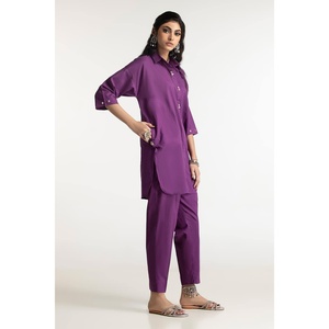 Ensemble chemise et pantalon à manches trois-quarts Dobby Dyed Embellished KST-43323 - Product Image 1