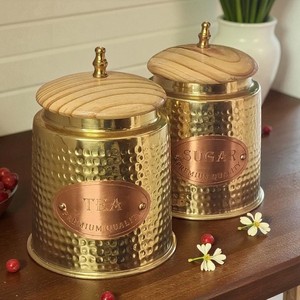 Juego de Recipientes de Almacenamiento de Metal Martillado Dorado con Tapa de Madera, Recipientes Modernos de Lujo para Té y Azúcar - Product Image 5