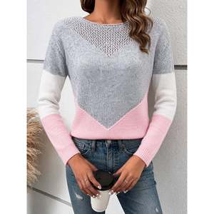 Suéter de punto con bloques de color para mujer, cuello redondo, manga larga, suave y transpirable, top informal con estampado - Product Image 3