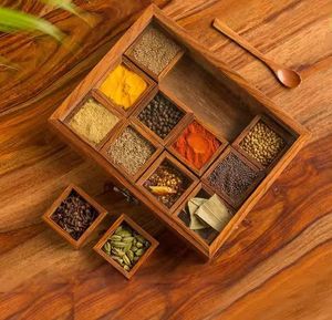 <b>Wooden</b> Spice Box With Glass Lid Decorative Masala Dabba 9 Fixed Compartments & Spoon Masala Box in Wholesale Price - Product Image 5