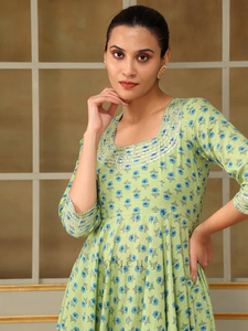 SAADGI AZUL PAISLEY VERDE ANARKALI SET Womens Kurta Set Bordado Puro Algodón Cosido Anarkali Vestido - Product Image 4