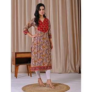 Kurti Recto de Algodón Estampado Jaal Rojo Beige, Estilo Casual con Cintura Natural y Característica Transpirable - Product Image 6