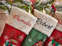 Chaussette de Noël moderne personnalisée, brodée, Père Noël, bonhomme de neige, sac à bonbons en fourrure tricotée personnalisé, ornement, décoration de Noël