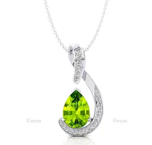 14K Real White/Yellow/Rose Gold Natural Green Peridot Gemstone Tear Drop Pendant Necklaces with Genuine Diamonds Wholesale OEM