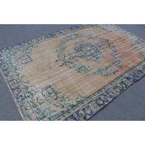 Alfombra Vintage de 5.8x8.8 pies, Alfombra Turca Grande, Alfombra de Lana con Rayas Azules - Product Image 2