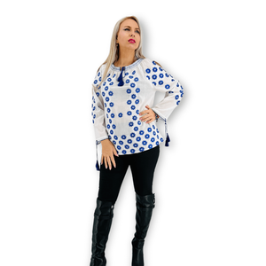 Blusa rumana con borla y cuello redondo de manga larga bordada con flores y estrellas - Product Image 2