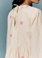 Robe courte vintage bohème pour femme, coupe trapèze, 100 % coton, manches bouffantes, unie, broderie artisanale, écologique, naturelle