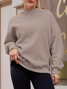 Women's Casual Woven Eco-Friendly Oversized <b>Sweatshirt</b> Mock Neck <b>Long</b> Sleeves Pullover Winter Autumn Custom Logo Front Position - Product Image 4