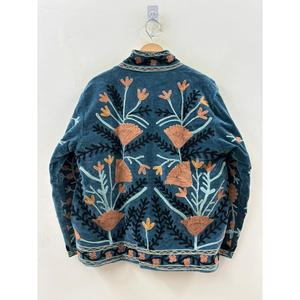 Autumn the Poppy Garden Hand-Embroidered Velvet <b>Jacket</b> Indigo Teal Suzani Style - Product Image 1