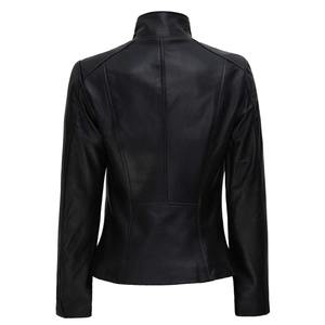 Genuine Sheep Skin Leather <b>Quilted</b> Varsity <b>Jacket</b> for Women in Black Solid <b>Pattern</b> Long Sleeves Zipper Pocket Plain Dyed Autumn - Product Image 2