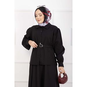Conjunto de Dos Piezas con Cinturón Negro, Blazer Corto y Falda de Crepé para Oficina, Atuendos Formales Modernos - Product Image 2