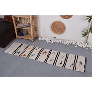 1.5x5.8 ft Vintage Traditional Turkish Moroccan Wool <b>Runner</b> Rug Eco-Friendly Patchwork Design with Latex Backing White & <b>Black</b> - Product Image 3