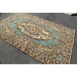 Vintage Turkish Rug, 5.1x8.4 ft Rug, <b>Brown</b> Blue Abstract <b>Wool</b> Rug - Product Image 2