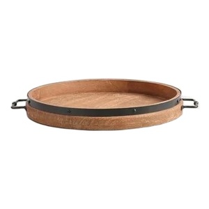 Plateau ou assiette de service rond en bois de mangue, Vintage, élégant et réutilisable avec poignées en métal - Product Image 1