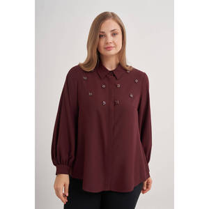 Chemise chic bordeaux ornée de dentelle avec col à volants pour femmes - Product Image 1