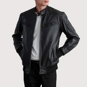 Chaqueta Bomber de cuero negro personalizable de alta calidad, abrigo de invierno profesional informal con cuello levantado, teñido liso, fabricación - Product Image 1