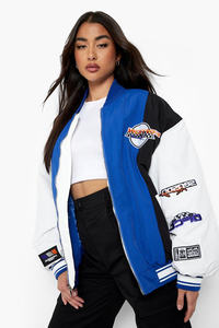 Chaqueta de bombardero universitaria con paneles azul personalizada de longitud completa para mujer, chaqueta de béisbol para mujer, Chaqueta corta de lana y Letterman para mujer - Product Image 5