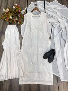 Conjunto de Moda Veraniego, Top con Bordado de Hilo de Algodón Muselina, Sharara, Dupatta Blanca, Estilo Bollywood, para Fiesta, Invierno, Secado Rápido, Antiarrugas - Product Image 4