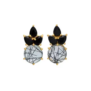 STYLISH NEW ARRIVAL BLACK RUTILE AND BLACK ONYX GEMSTONE BRASS EARRING 12/7*5 MM ROUND AND PEAR SHAPE GEMS BRASS EARRING