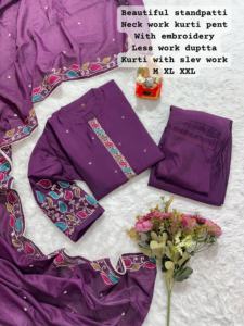 Top Qualité Meilleur Tissu Vêtements Occasionnels Premium Vente Chaude Pure Soie De Mousseline Lourde Avec Broderie Kurti Pantalon Et Dupatta - Product Image 3