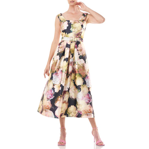 เดรสลายดอกไม้ Kay Unger Perry รุ่นมิดิ ไซส์ 4 สีมาริโกลด์ สไตล์วินเทจหรูหรา ทรงเอ็มไพร์ ระบายอากาศได้ดี ดีไซน์เรียบร้อย แต่งระบาย เหมาะสำหรับใส่กลางวัน มีไซส์ XS ถึง XL - Product Image 1