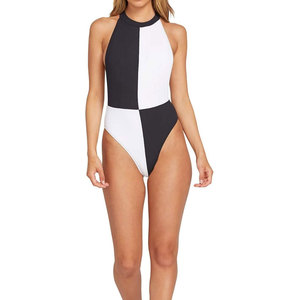 Traje de baño de una pieza para mujer con estampado de rayas laterales azules, cuello redondo, licra, poliéster, secado rápido, pantalones cortos de baño - Product Image 4