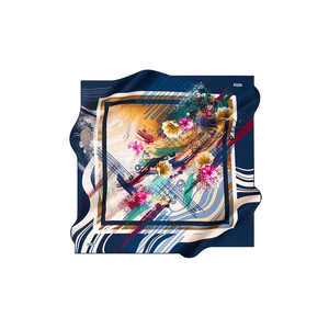 Navy Blue Silk Crepe Satin <b>Square</b> <b>Scarf</b> with Patterned Design - Product Image 2
