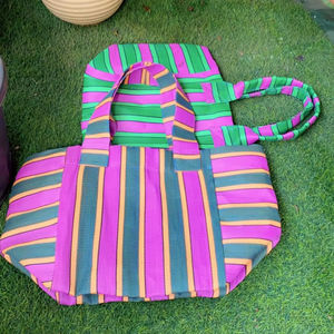 Sac à provisions en nylon réutilisable écologique RPET fermeture à glissière rayé Handloom tissé sacs de plage en plastique recyclé sacs à cosmétiques étuis fabriqués - Product Image 1