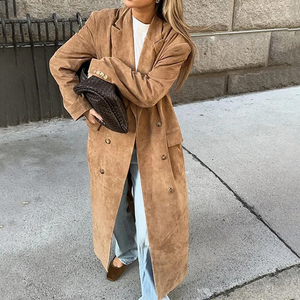 Abrigos largos de solapa Retro con cinturón para mujer, chaquetas de doble botonadura, abrigo de bolsillo de piel sintética, abrigo de otoño 2025 para mujer, nuevas prendas de vestir exteriores - Product Image 5