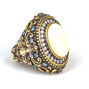 925 Sterling <b>Silver</b> Men's <b>Statement</b> <b>Ring</b> with Natural Aquamarine Ivory Zircon Stones Bezel Setting Inlay Everyday Wear - Product Image 4
