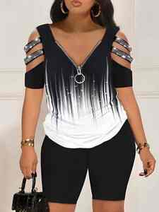 Conjuntos cortos cremalleras estampado cuello en V pulóver Tops mujer chándal dos piezas vaina lápiz pantalones cintura alta Slim Fit 2025 verano - Product Image 3