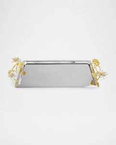 Plateau carré en métal argenté avec motif floral et poignée dorée Plateau de service élégant pour thé Snack Table à manger idéale pour la cuisine à domicile - Product Image 5