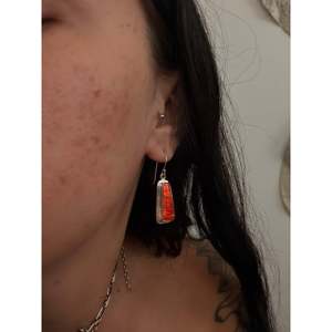 Navajo Handmade Orange <b>Opal</b> & Sterling Silver Drop <b>Earrings</b> Geometric Dangle Design - Product Image 2
