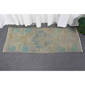 Tapis Vintage en Laine Bleu Beige 1.5 X 3.8ft Turc Classique Grande Surface Abstraite Rectangle Motif Latex pour Couloir Chambre Décor - Product Image 1