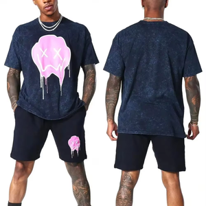 Camiseta de Algodón Azul Oscuro para Hombre con Estampado de Calavera con Gotas Rosas, Cuello Redondo, Conjunto de Ropa Urbana, Atuendo Casual de Verano - Product Image 5