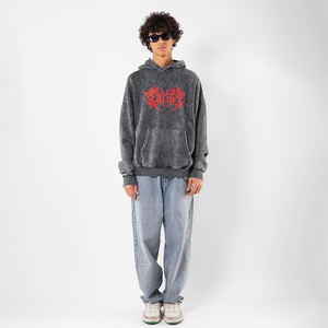 Sudadera con capucha de lana lavada con ácido de 400 GSM de peso pesado de alta calidad, parche Vintage bordado, cremallera, diamantes de imitación, hombres, invierno, OEM, venta al por mayor - Product Image 1